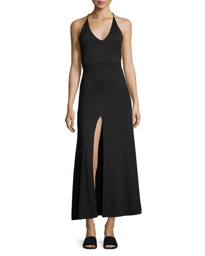 V-neck Open-back Maxi Dress, Black