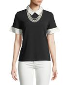 Collared Short-sleeve Blouse W/ Pearlescent Necklace