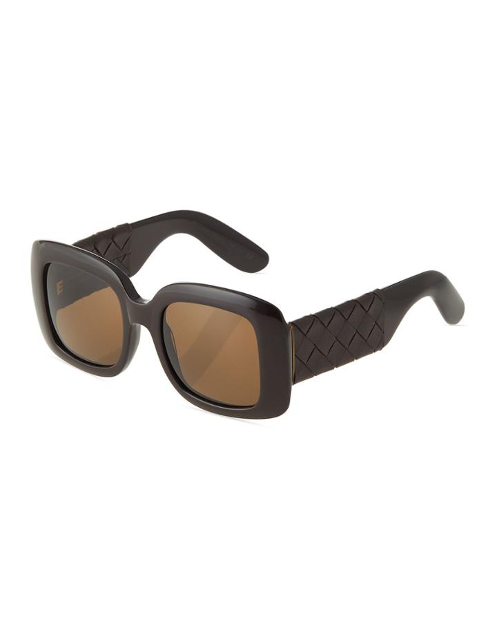 Bottega Veneta Oversized Square Sunglasses With Intrecciato Leather Arms, Brown, Women's,