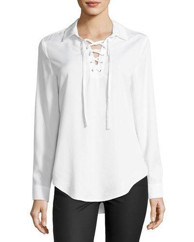 Lace-up Long-sleeve Blouse, White