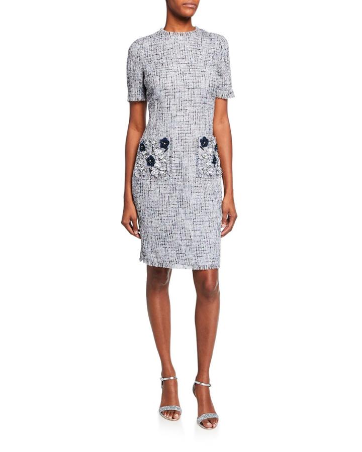 Crewneck Short-sleeve Tweed Dress With 3d Flower Pockets