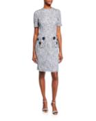 Crewneck Short-sleeve Tweed Dress With 3d Flower Pockets