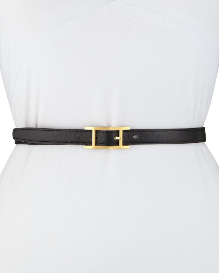 Estate Thin Leather Belt, Black/gold