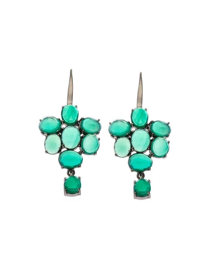 Black Silver Cluster Drop Earrings With Green Onyx