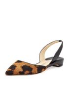 Rhea Leopard-print Calf Hair D'orsay Slingback Flat, Black/golden
