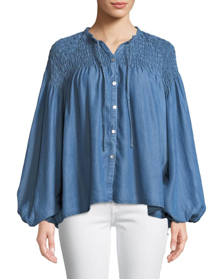 Smocked-shoulder Chambray Peasant Blouse