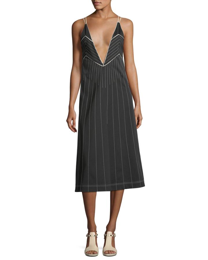 Plunging Sleeveless Jersey Dress With Contrast Topstitching