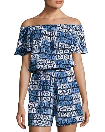 Off-the-shoulder Ruffled Romper, Blue Pattern