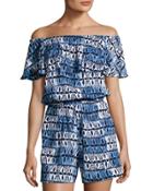 Off-the-shoulder Ruffled Romper, Blue Pattern