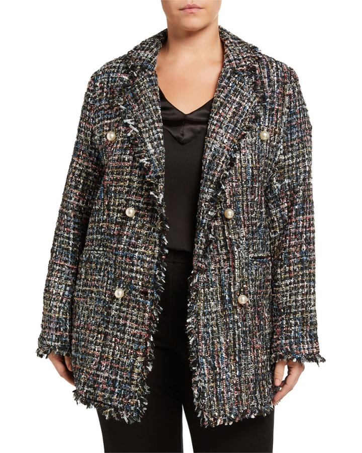 Plus Size Plaid Double-breasted Boucle Jacket