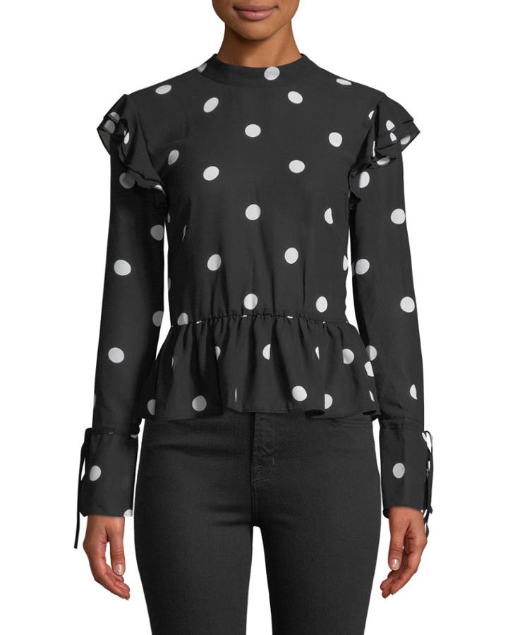 Polka-dot Peplum Long-sleeve Blouse