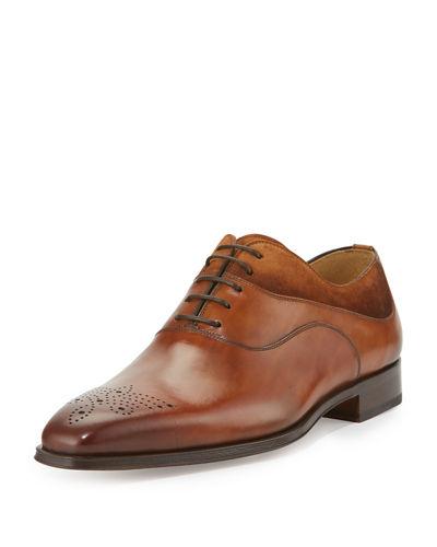 Suede-trim Hand-antiqued Leather Oxford, Cognac