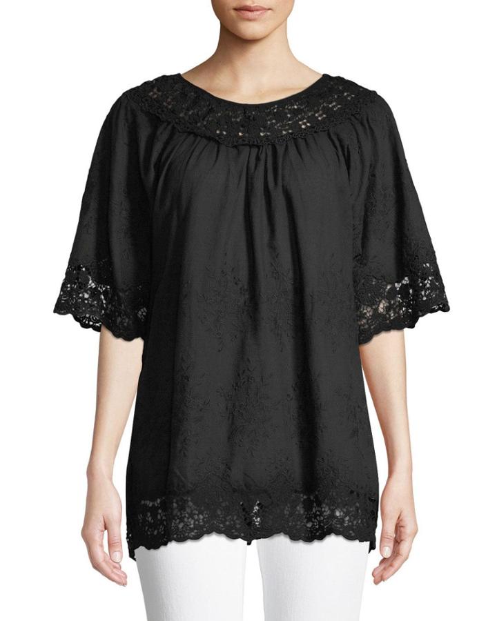 Embroidered Lace-trim Cotton Blouse
