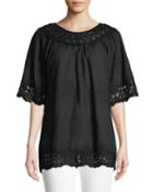 Embroidered Lace-trim Cotton Blouse