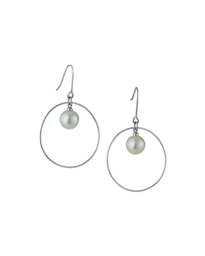 14k White Gold Classy Pearl Hoop Earrings