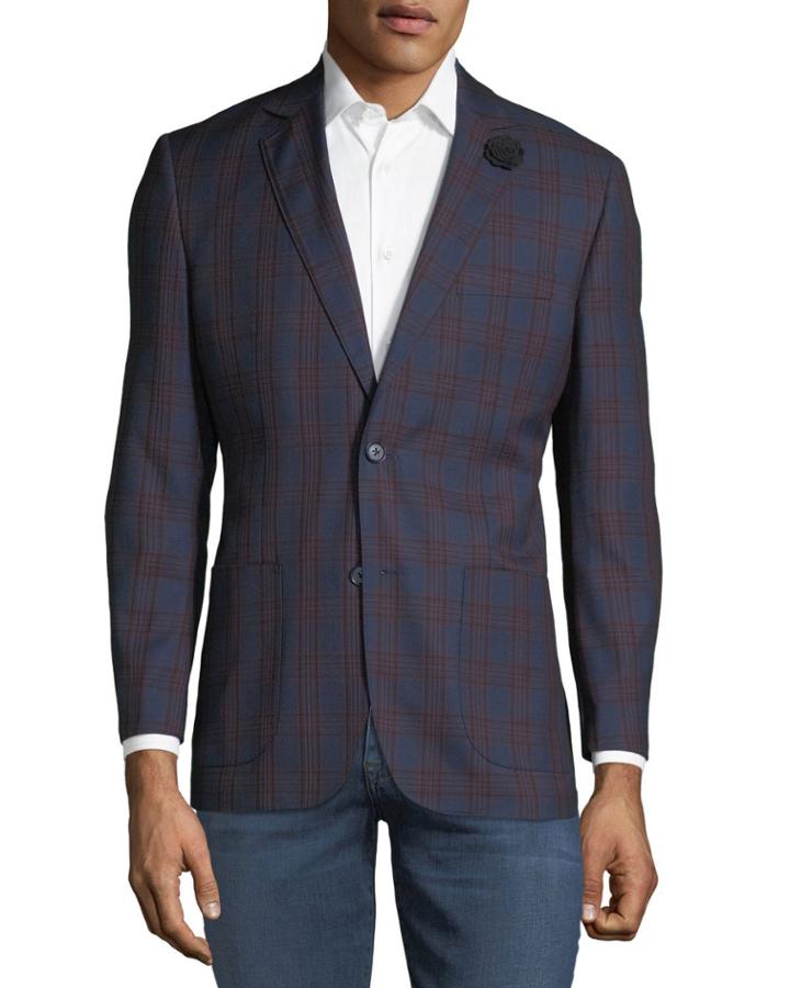 Men's Plaid Comfort Stretch Sport Coat, Blue/red