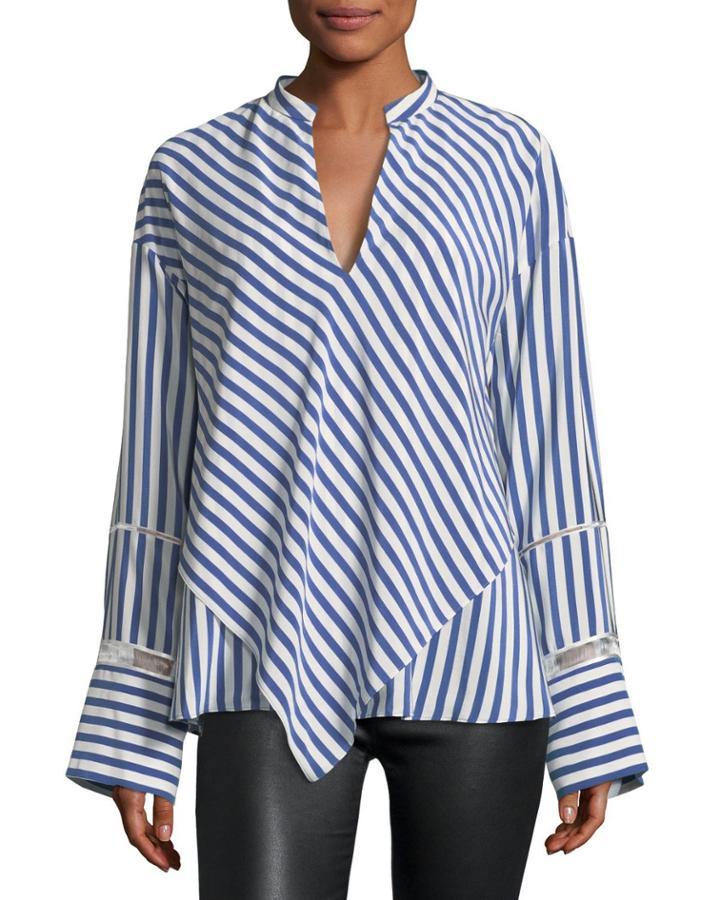 Lace-inset Striped Silk Blouse W/ Handkerchief Hem