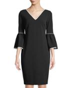 Bell-sleeve Crepe Sheath Dress W/ Contrast Piping