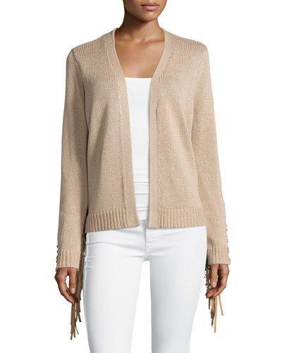 Long Sleeve Fringe Trim Cardigan, Nude