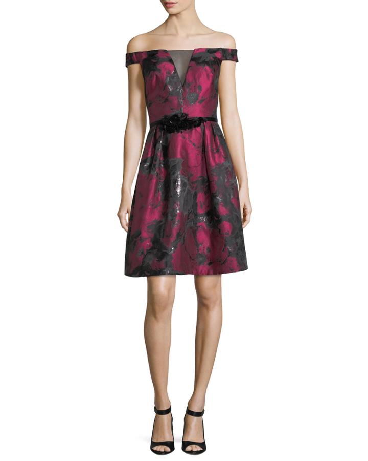 Off-the-shoulder Metallic Jacquard Cocktail Dress