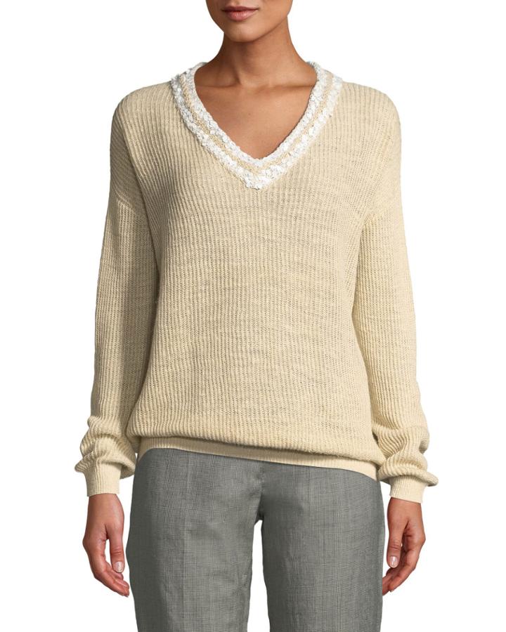 Sequin-trimmed English-ribbed Tennis
