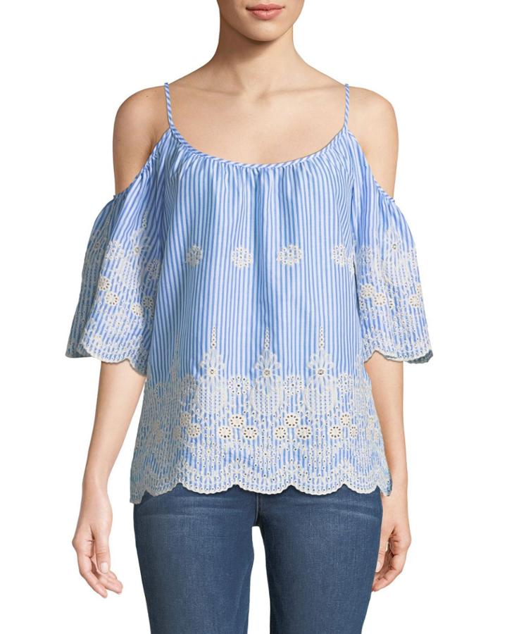 Cold-shoulder Striped Eyelet Blouse