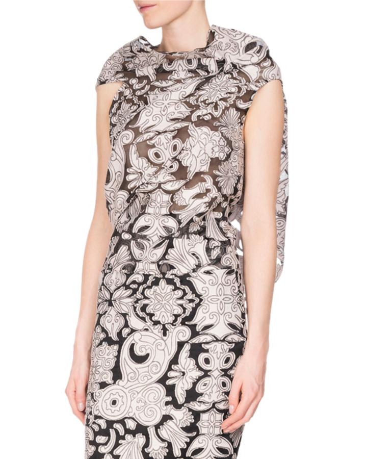 Eugene Brocade Fil Coupe Tie-back Top, White/black