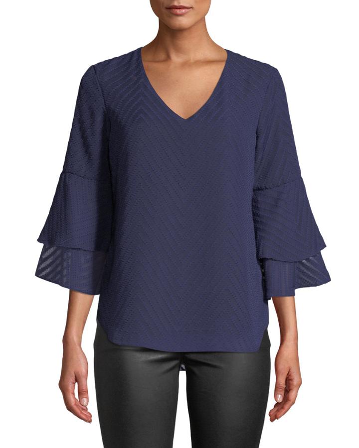 Jacquard Chiffon Flare-sleeve Blouse