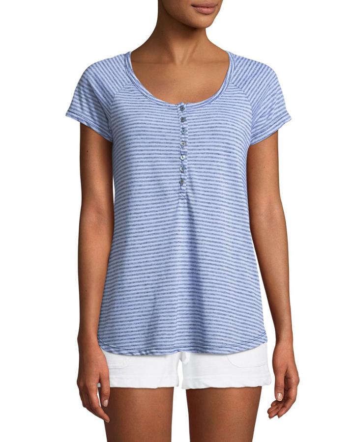 Striped Raglan-cap Sleeve Henley Tee