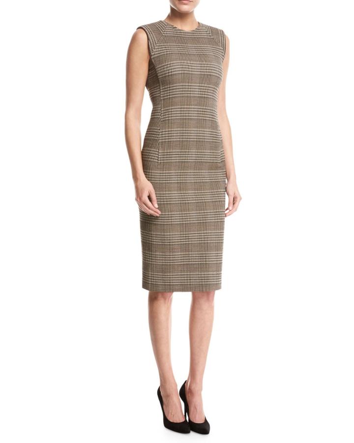 Power Plaid Sheath Dress, Beige