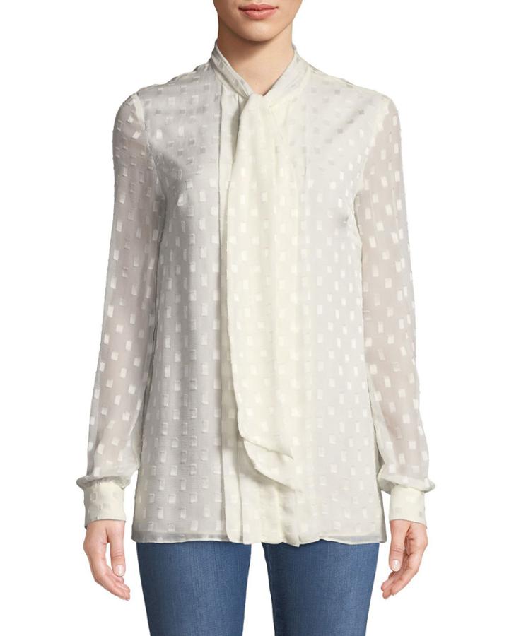 Rectangle-devore Tie-neck Long-sleeve Silk Blouse W/ Pleats