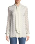Rectangle-devore Tie-neck Long-sleeve Silk Blouse W/ Pleats