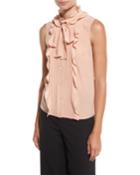 Sleeveless Pintucked & Ruffled Tie-neck Silk Blouse, Nude