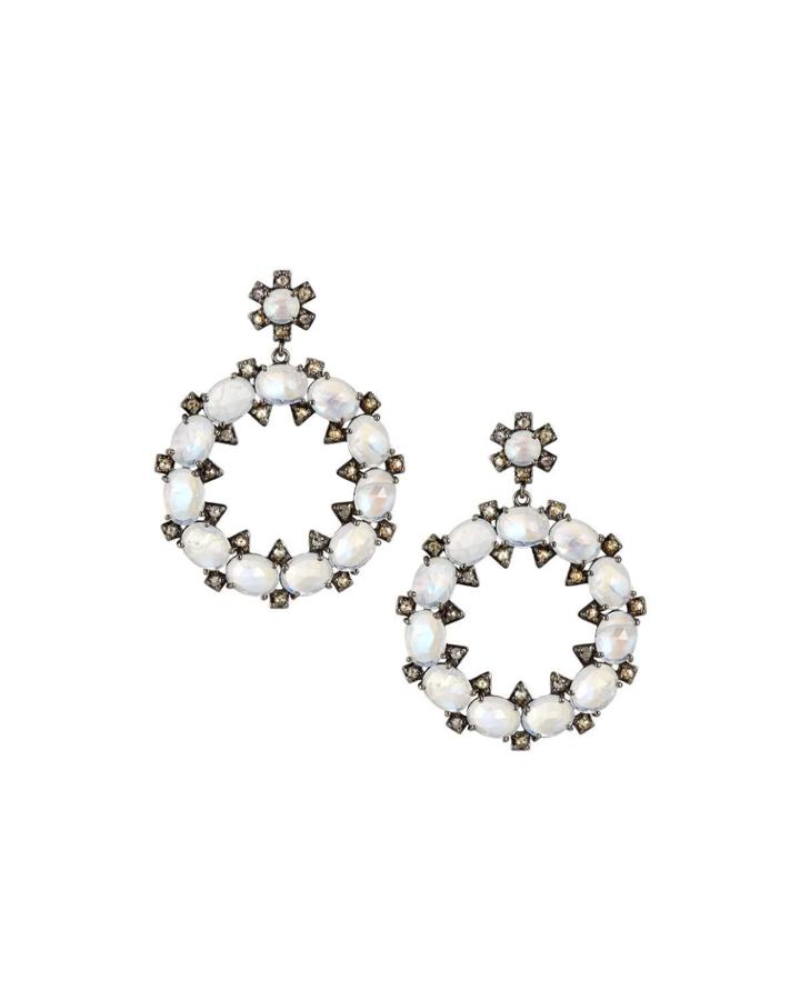 Round Moonstone & Diamond Open Drop Earrings