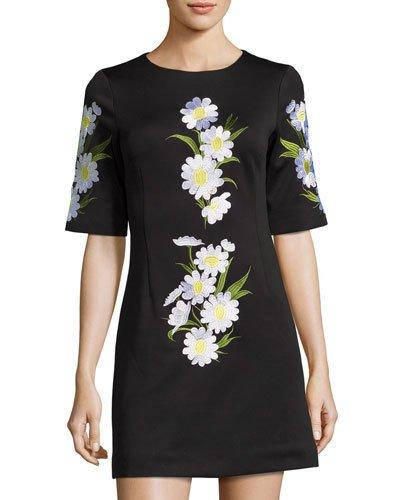 Daisy Embroidered Shift Dress, Black