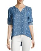 Tab-sleeve Split-neck Chambray Top, Blue Pattern