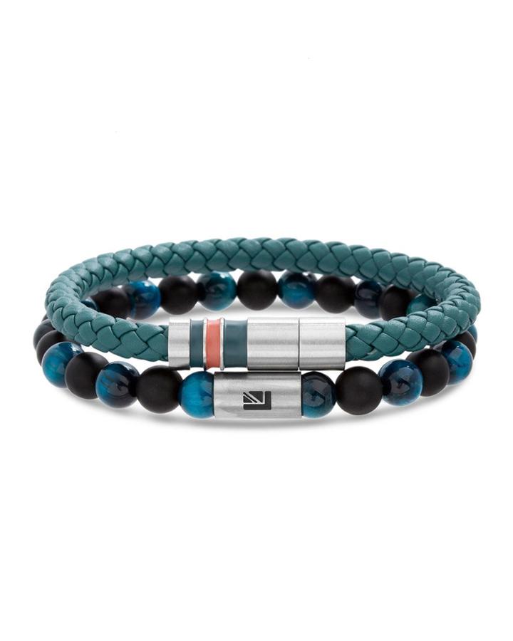 Men's Two-row Braided Leather & Bead Bracelet, Green/black