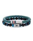 Men's Two-row Braided Leather & Bead Bracelet, Green/black