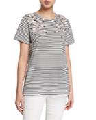 Striped Crewneck Short-sleeve Top With Floral Applique