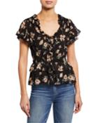 Daniella Floral-print V-neck Short-sleeve Ruffle Top