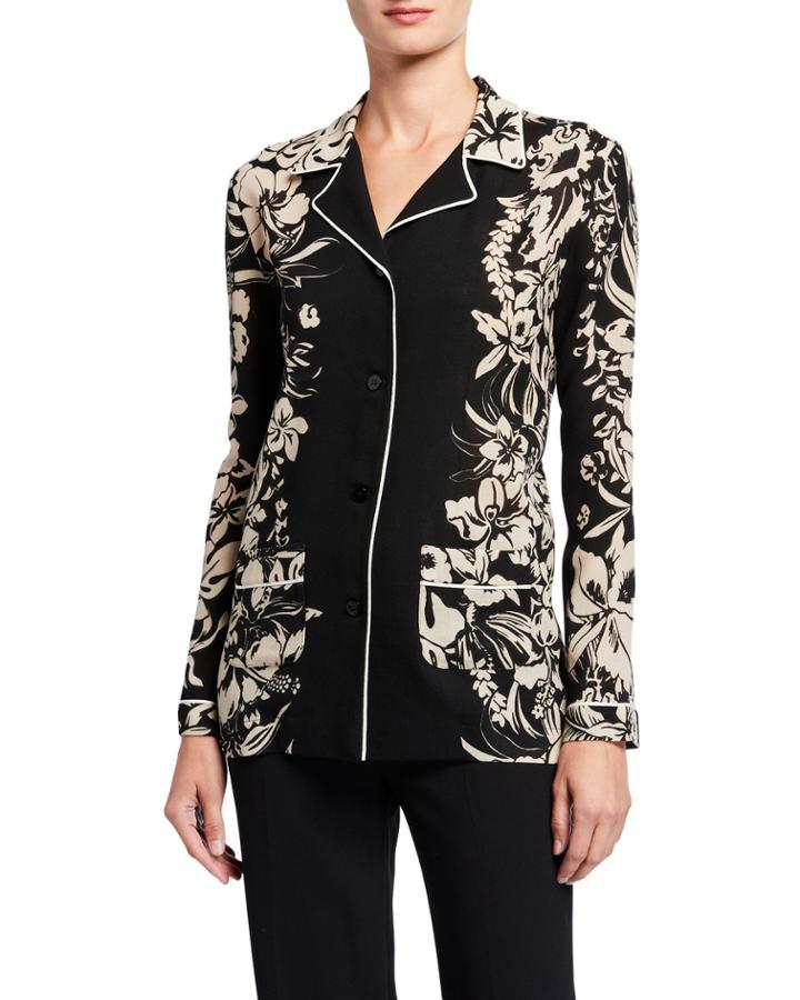 Floral Notch Collar Button Down Wool Top