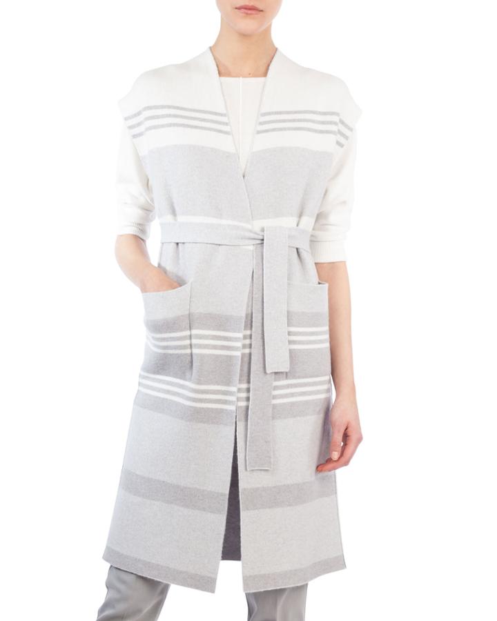 Open-front Striped Reversible Knee-length Cashmere Gilet