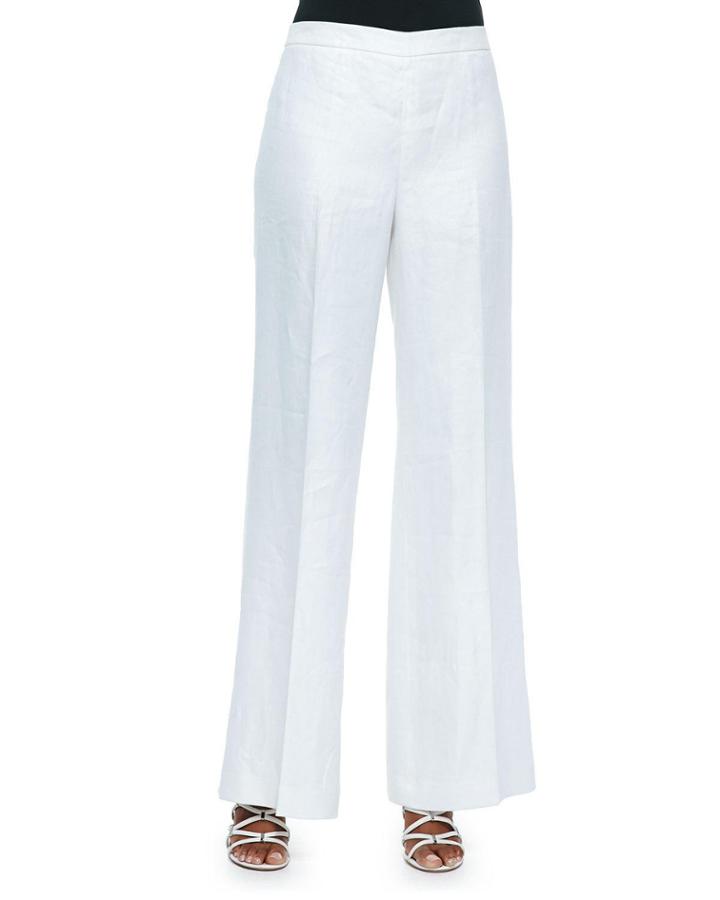 Wide-leg Linen Side-zip Pants, White