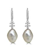 18k White Gold Baroque Pearl & Diamond Dangle Earrings