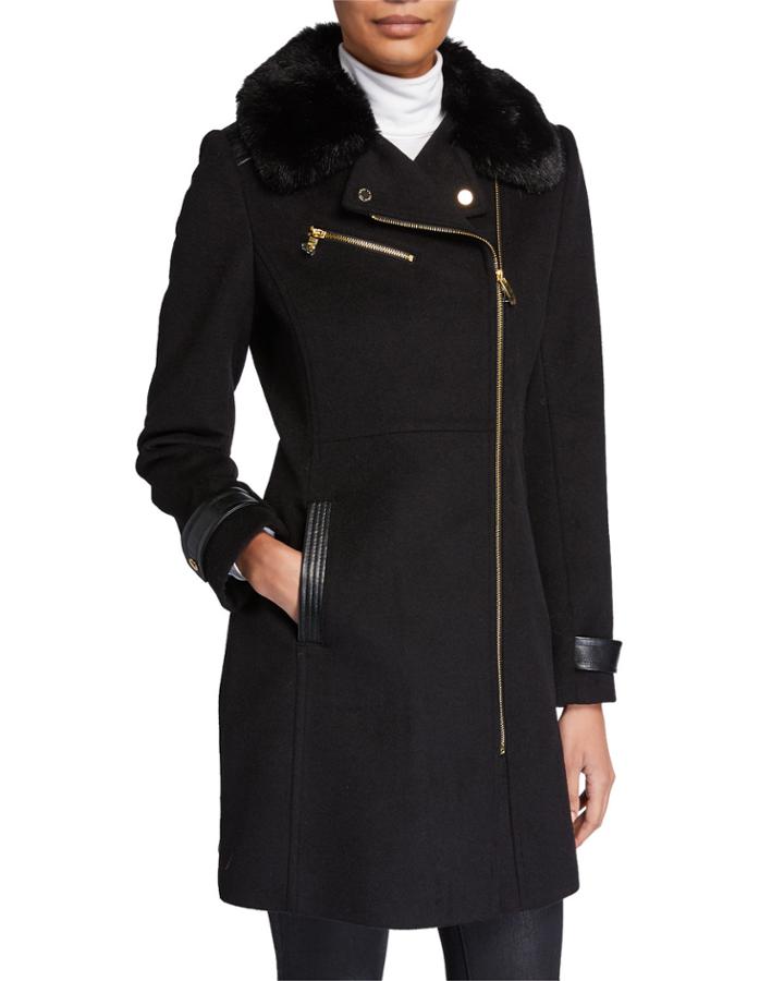 Asymmetric Coat With Faux Fur Collar