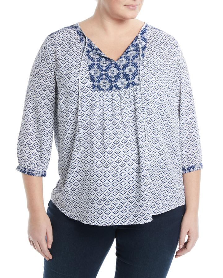 3/4 Sleeve Palmette-print Peasant Blouse,