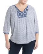 3/4 Sleeve Palmette-print Peasant Blouse,