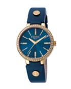 Women's 34mm Stainless Steel 3-hand Glitz Watch With Leather Strap, Golden/blue