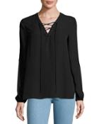 Lace-up Solid Blouse, Black