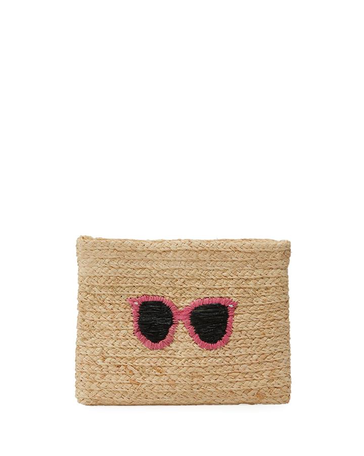 Whimsical Embroidered Raffia Clutch Bag